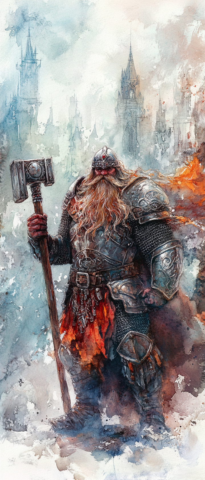 Dwarf paladin in shiny armor with war hammer, ethereal.