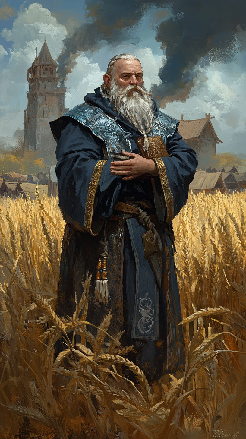 Dwarf priest in field of wheat with burnt village.