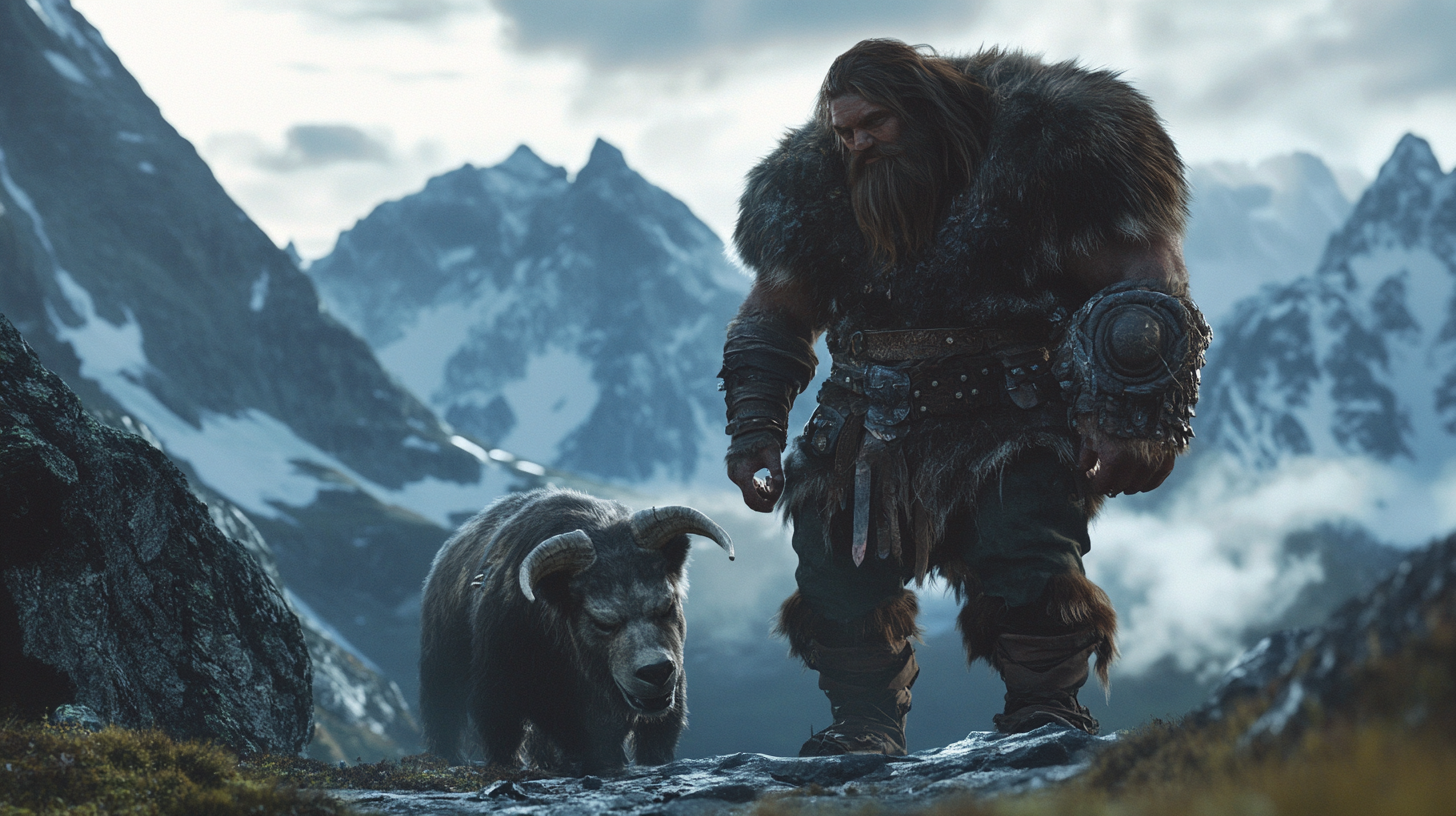 Dwarf ranger with animal in detailed mountain action shot.