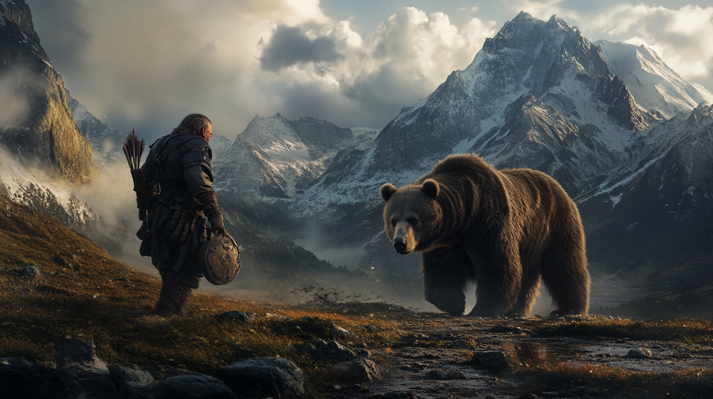 Dwarf ranger with bear companion in epic mountain battle.