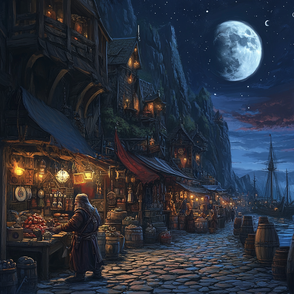 Dwarf sells curios in medieval market under two moons