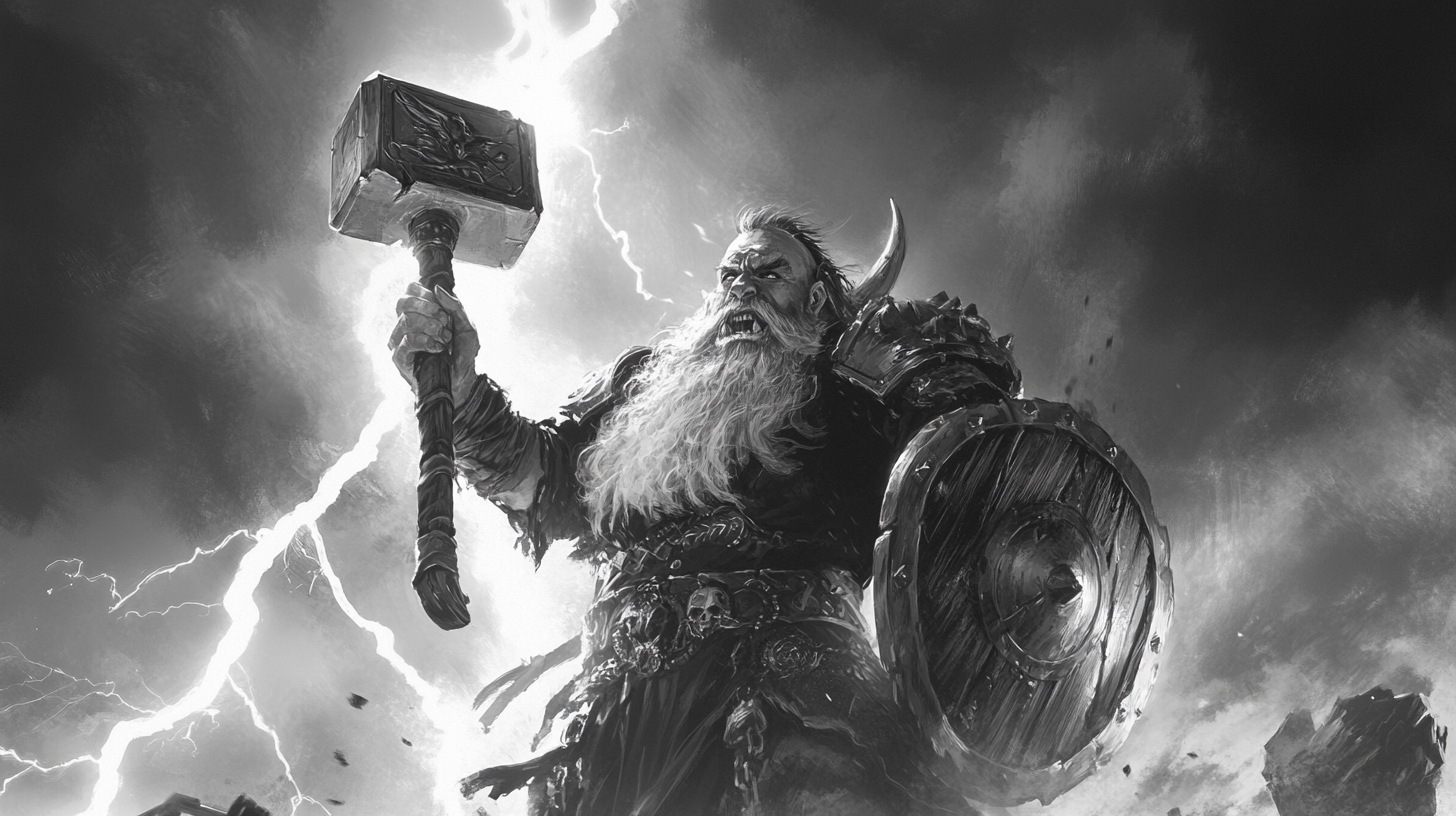 Dwarf shaman with hammer and shield, lightning strikes.