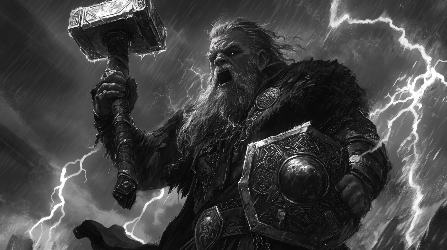 Dwarf shaman with hammer and shield in lightning storm.