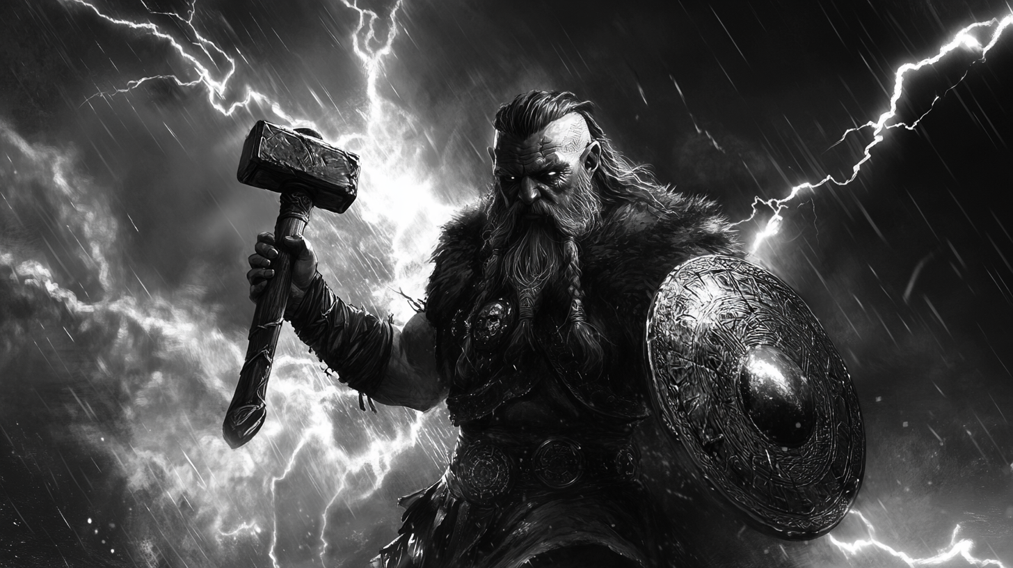 Dwarf shaman with hammer and stone shield, lightning, high contrast.