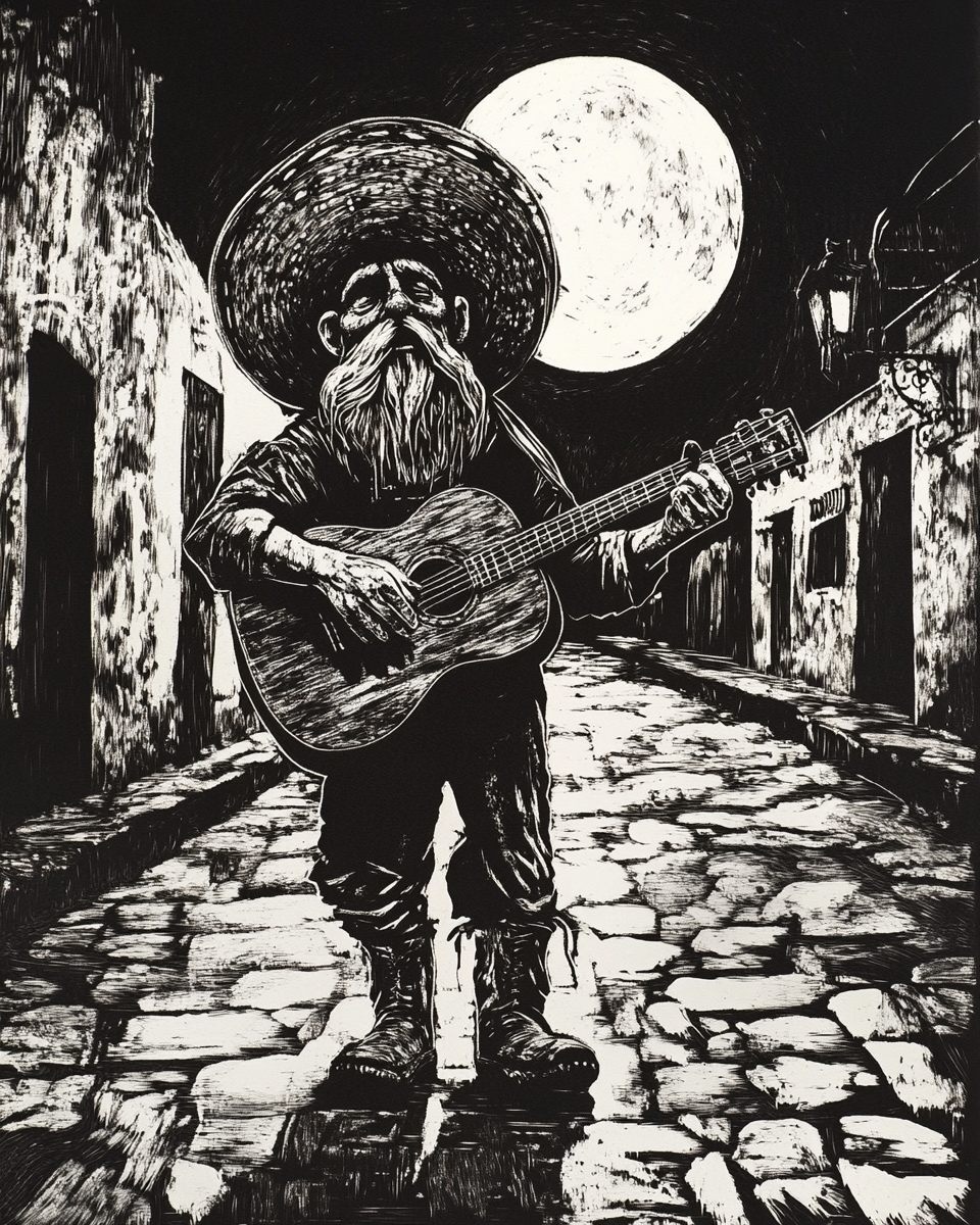 Dwarf with Guitar on Antigua Guatemala Street at Night