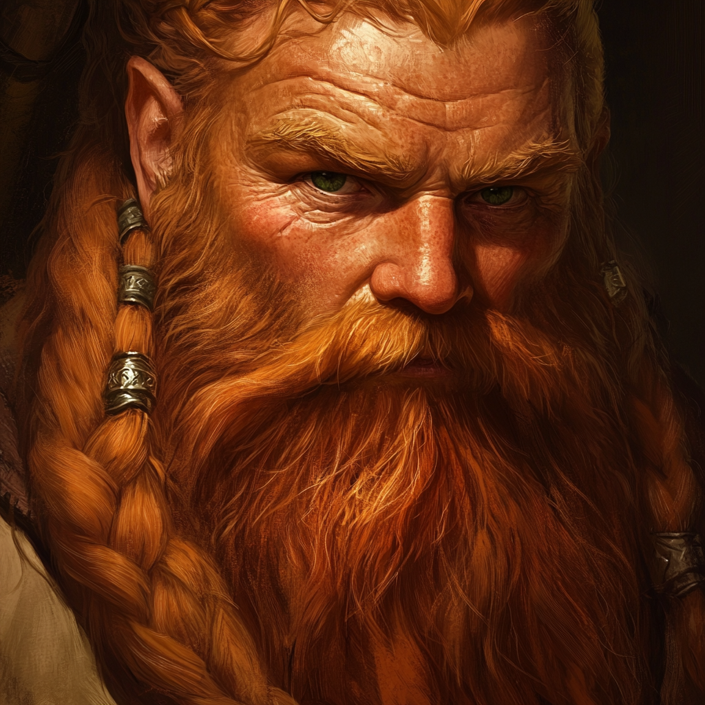 Dwarf with braided beard, green eyes, full of life.