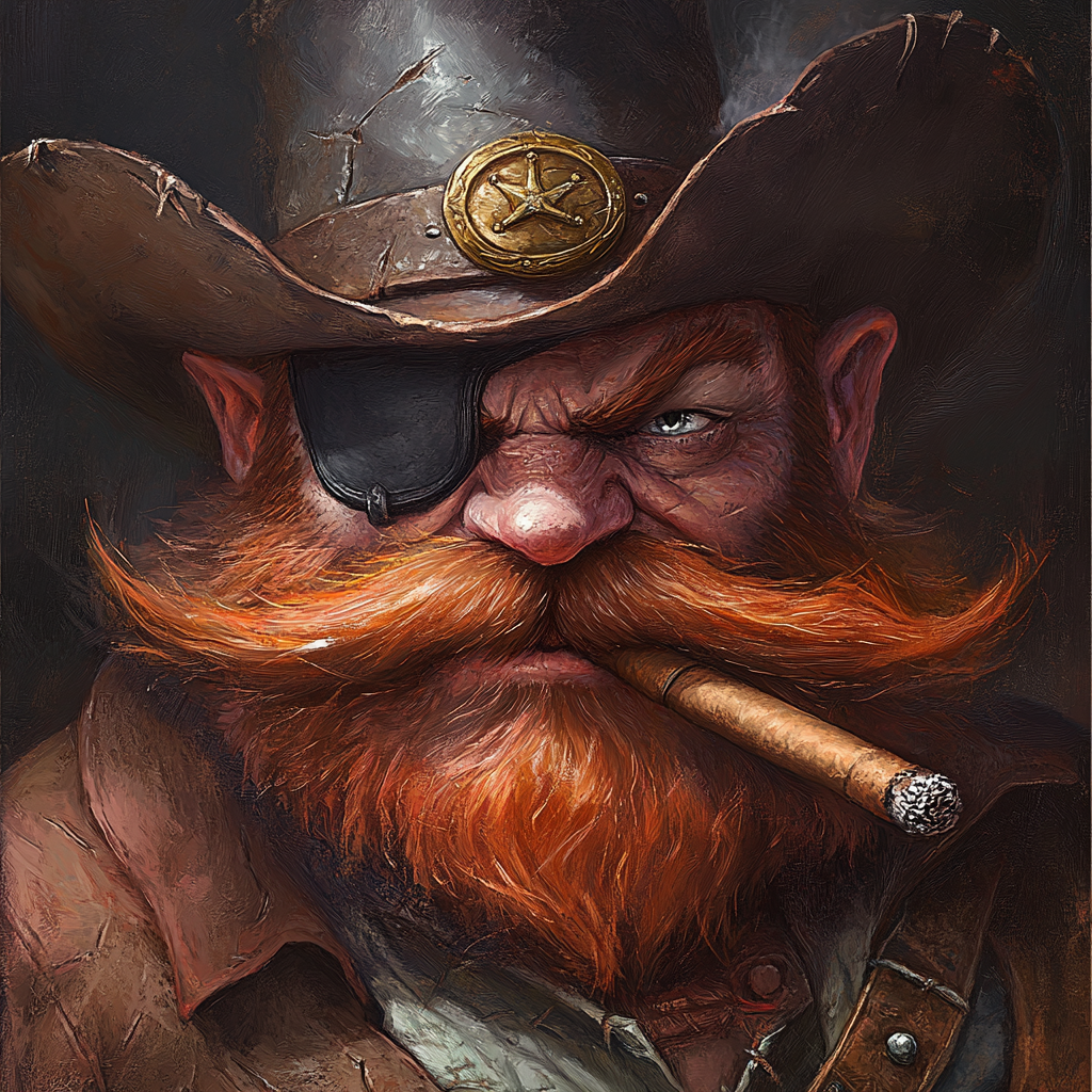 Dwarf with bushy red moustache, eye patch, smoking cigar.