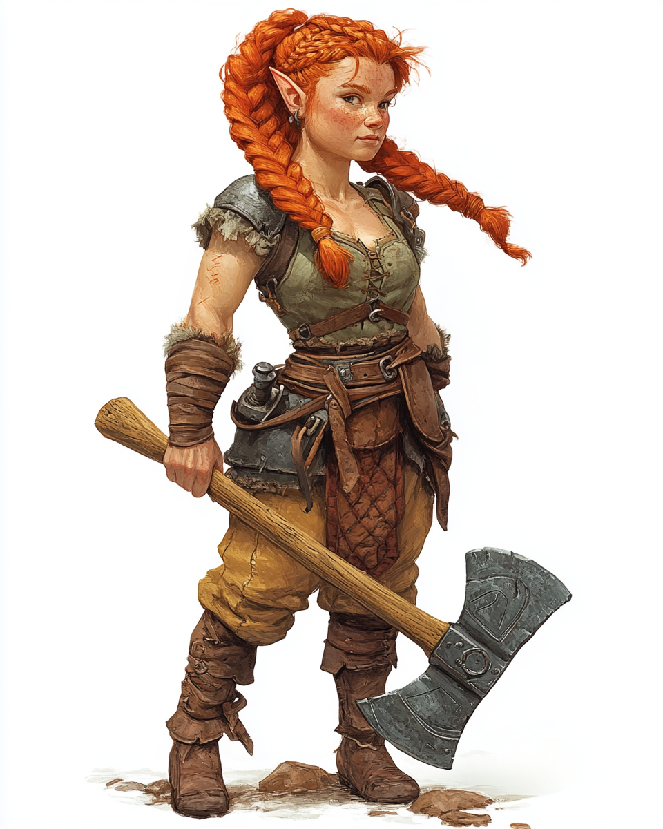 Dwarf with red hair, braids, great axe, tan skin.