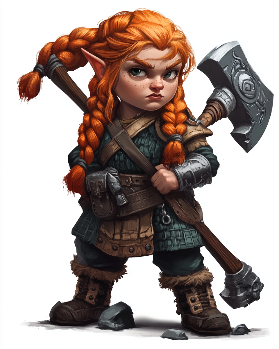 Dwarf with red hair and great axe, ready for battle.