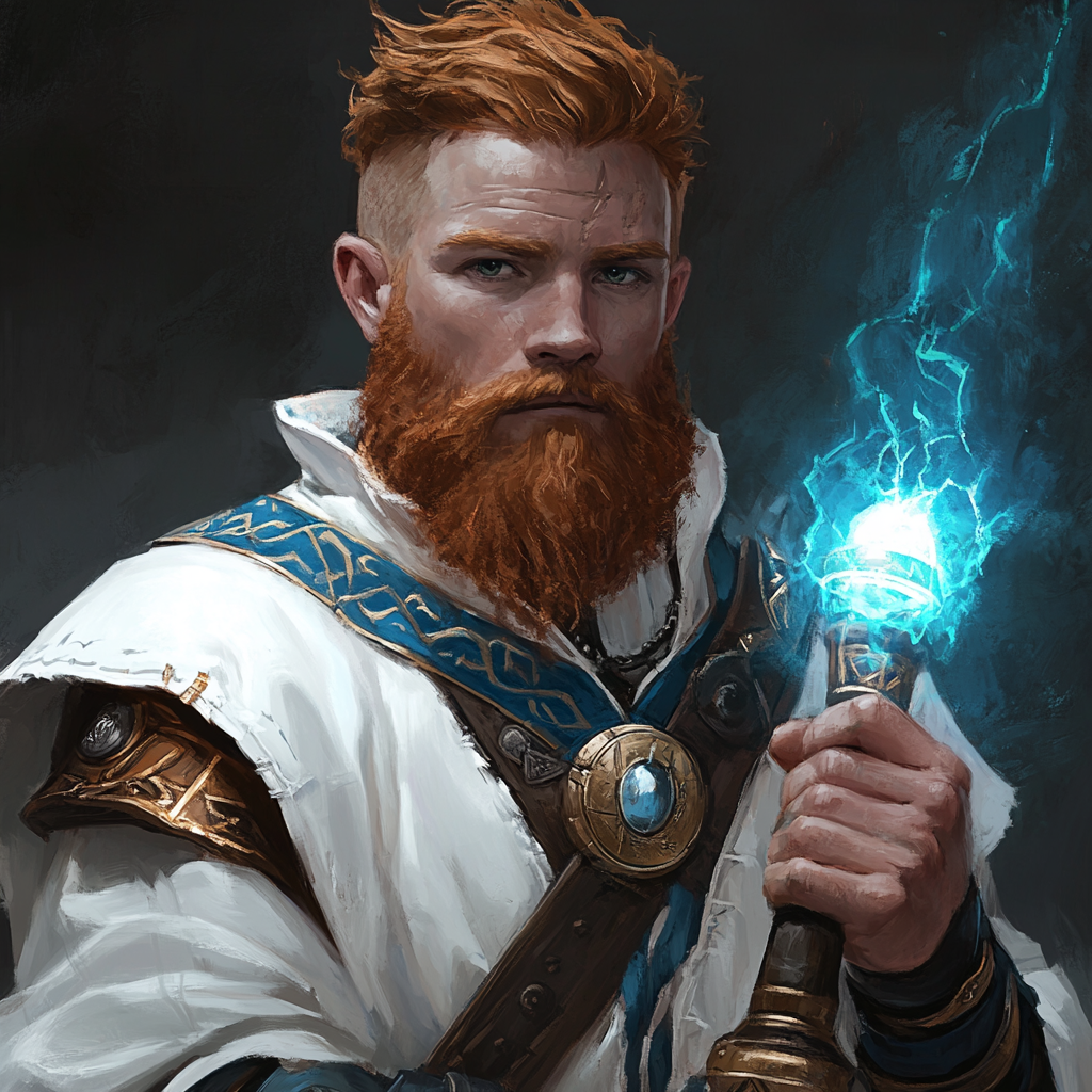 Dwarven cleric male in blue and white robes