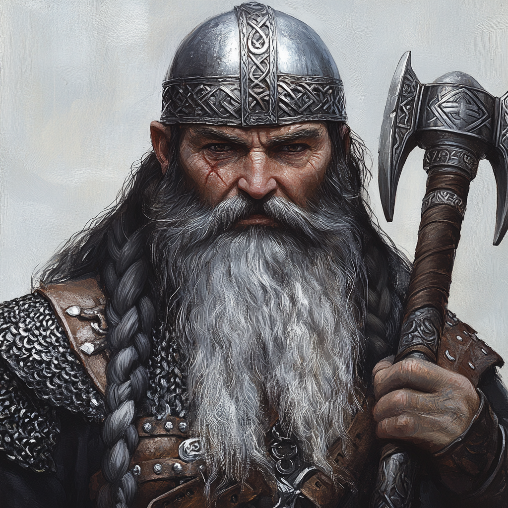 Dwarven cleric with warhammer, silver helmet, and chainmail.