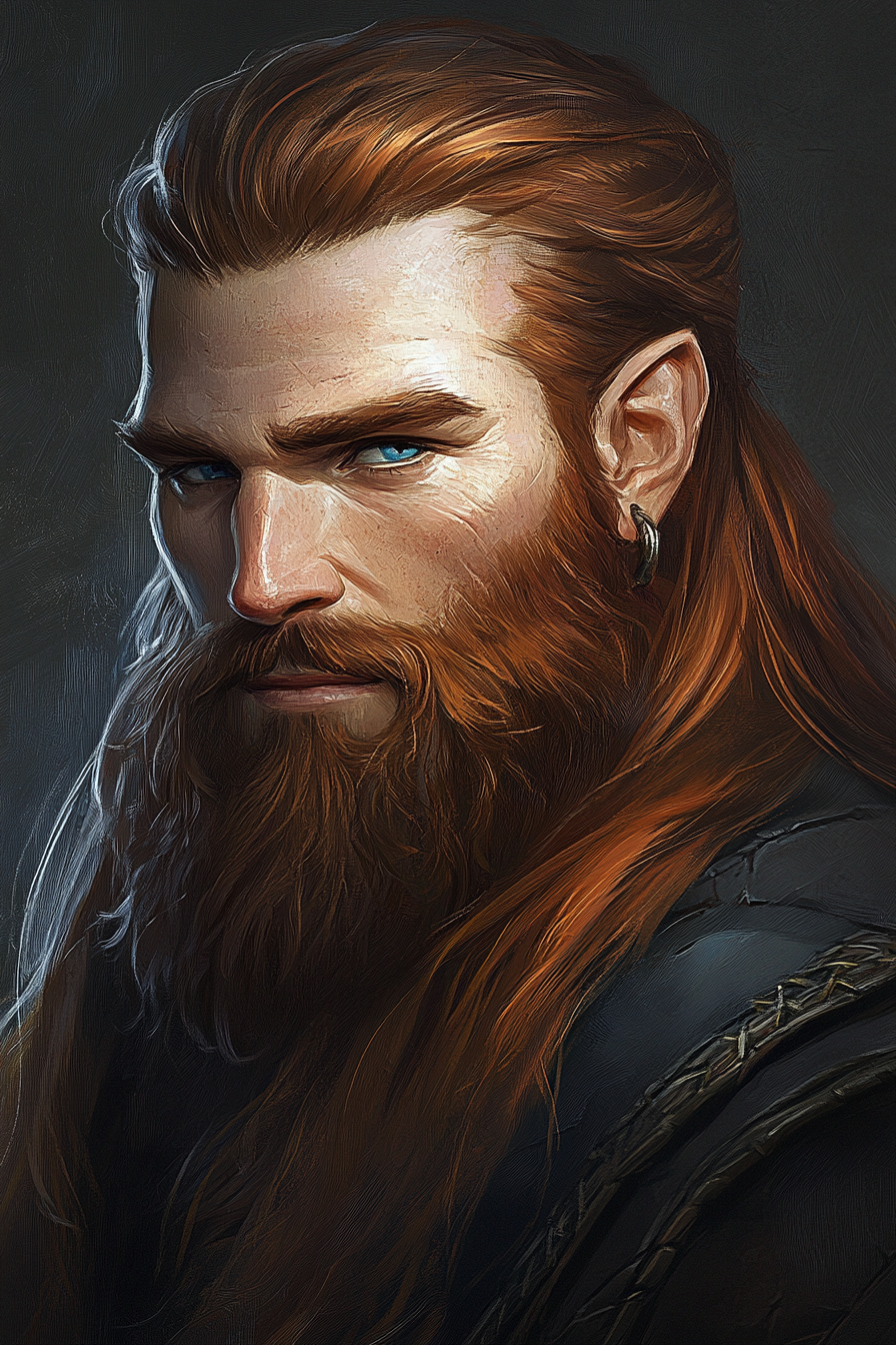 Dwarven male with auburn hair, blue eyes portrait.