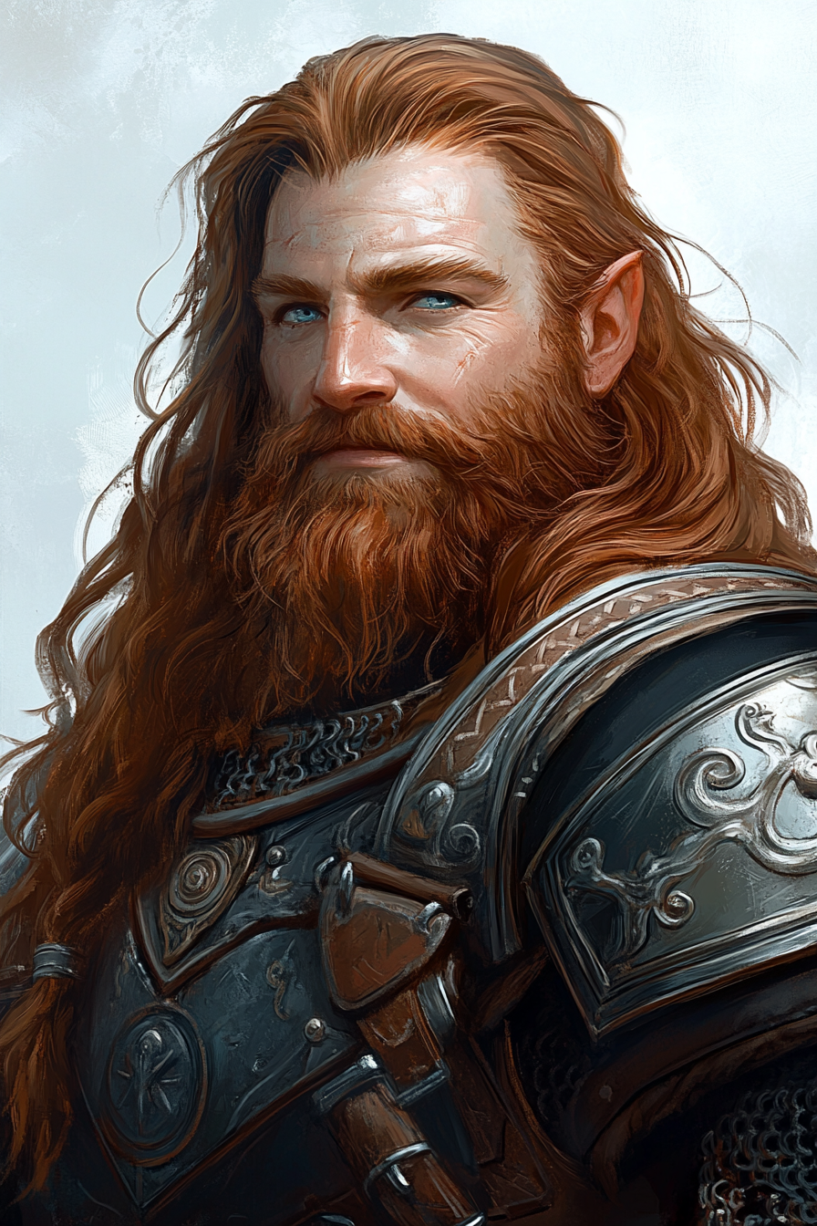 Dwarven male with auburn hair and leather armor portrait.