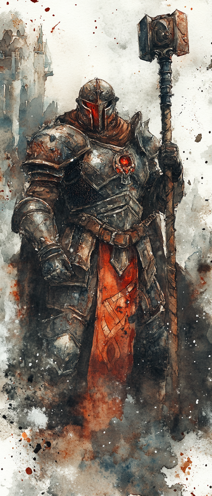 Dwarven paladin in shiny armor holds mace. Ethereal.