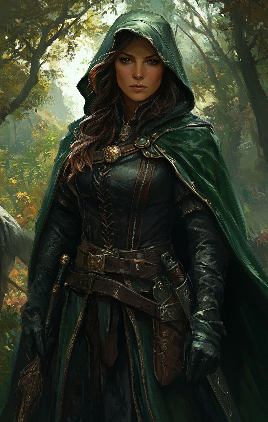 Dwarven rogue in green cloak blending Witcher style art.