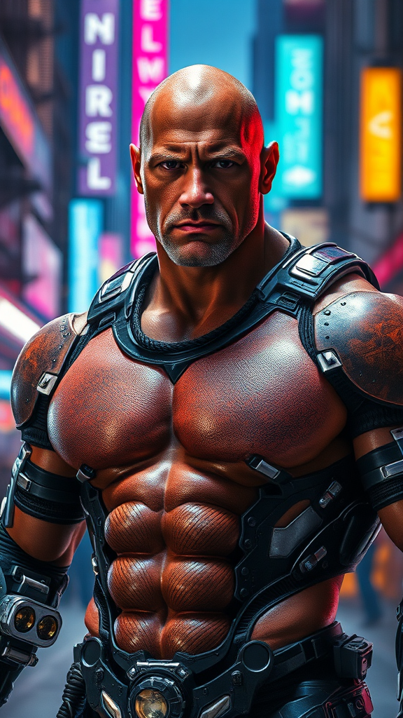 Dwayne Johnson Cyborg in Futuristic Urban Setting