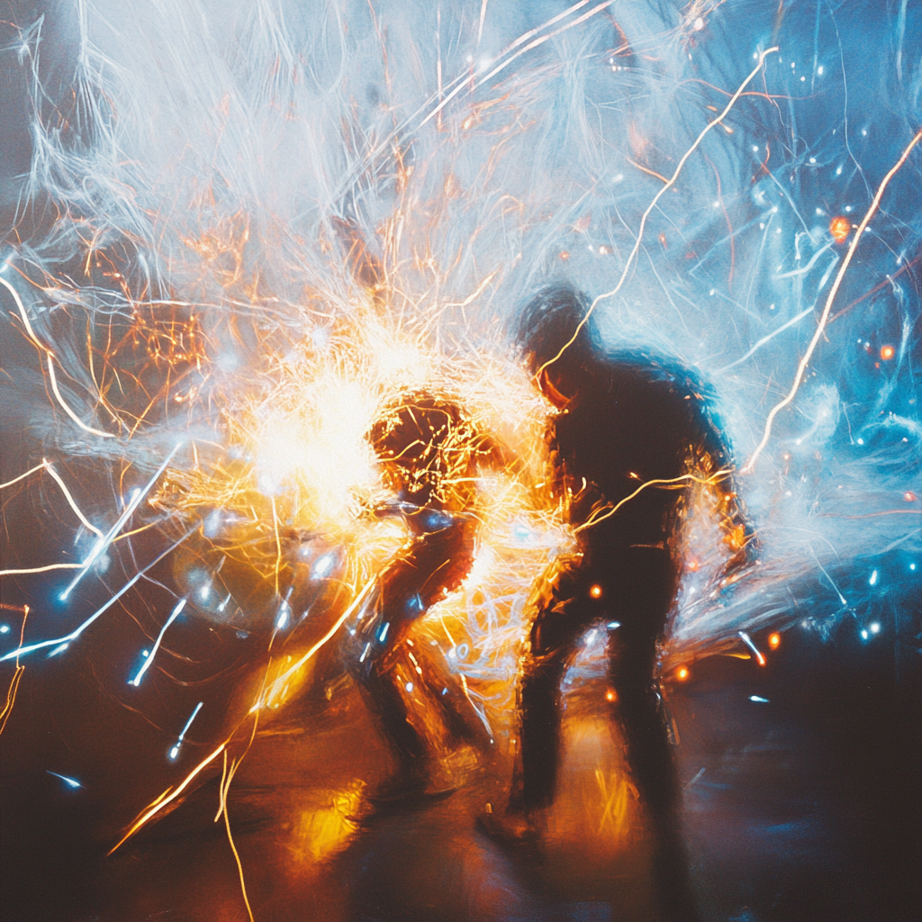 Dynamic, electrifying scene with glowing lights and sparks flying.