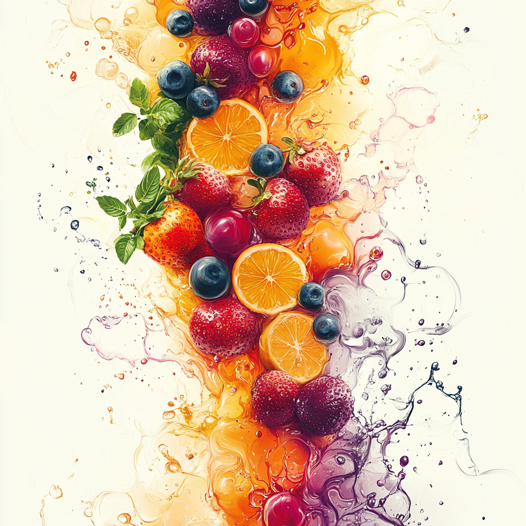 Dynamic, illustrative image for acid-base table cover with vegetables, seeds, and nuts. Vibrant mix of vegetables, fruits, playful composition.