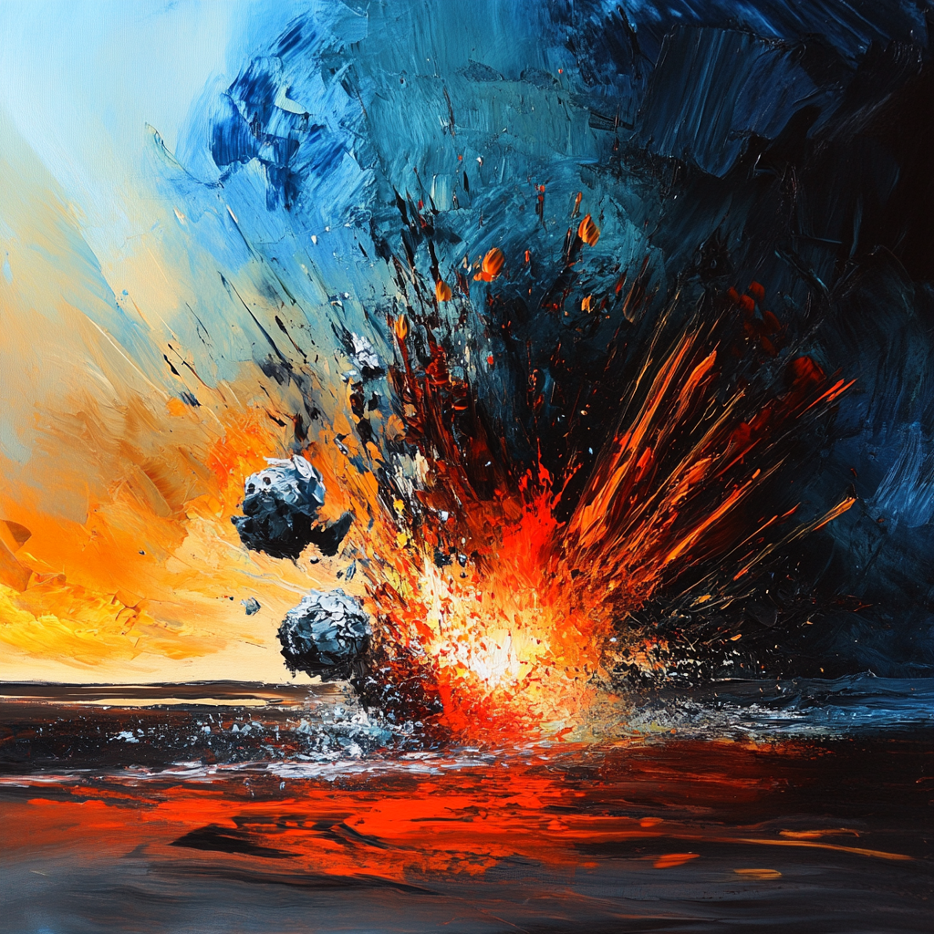 Dynamic, striking scene with intense energy and impact.