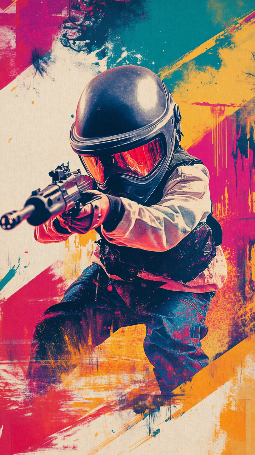 Dynamic 80s retro movie poster for kids paintball party.