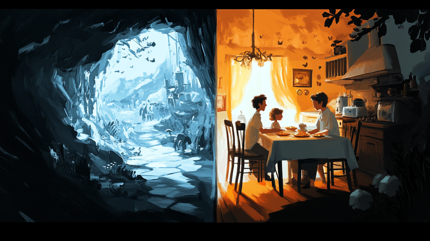 Dynamic Transformation Scene: Darkness to Family Warmth