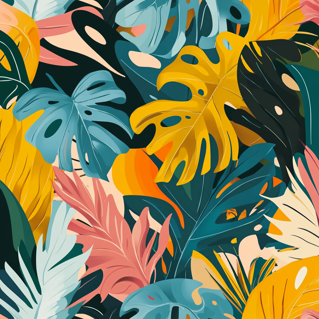 Dynamic abstract pattern with vibrant tropical leaves.