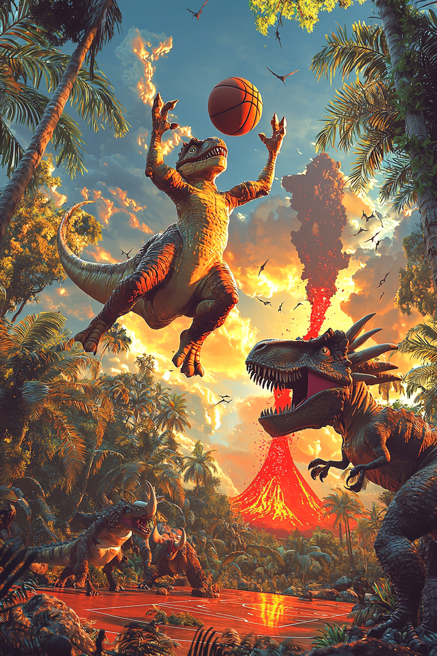 Dynamic dinosaurs playing basketball in lush prehistoric jungle court.