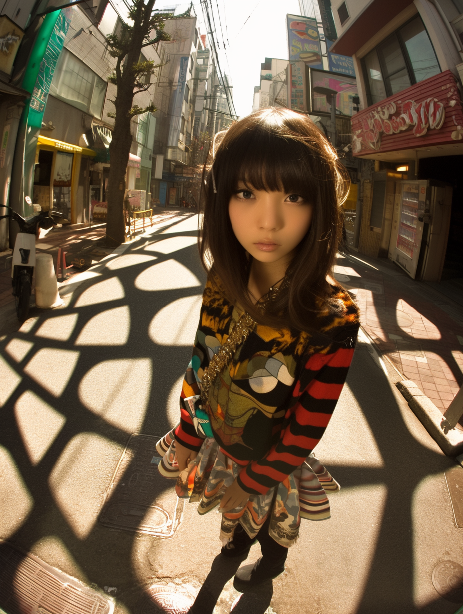 Dynamic effect captures beautiful Japanese woman in vibrant fashion.