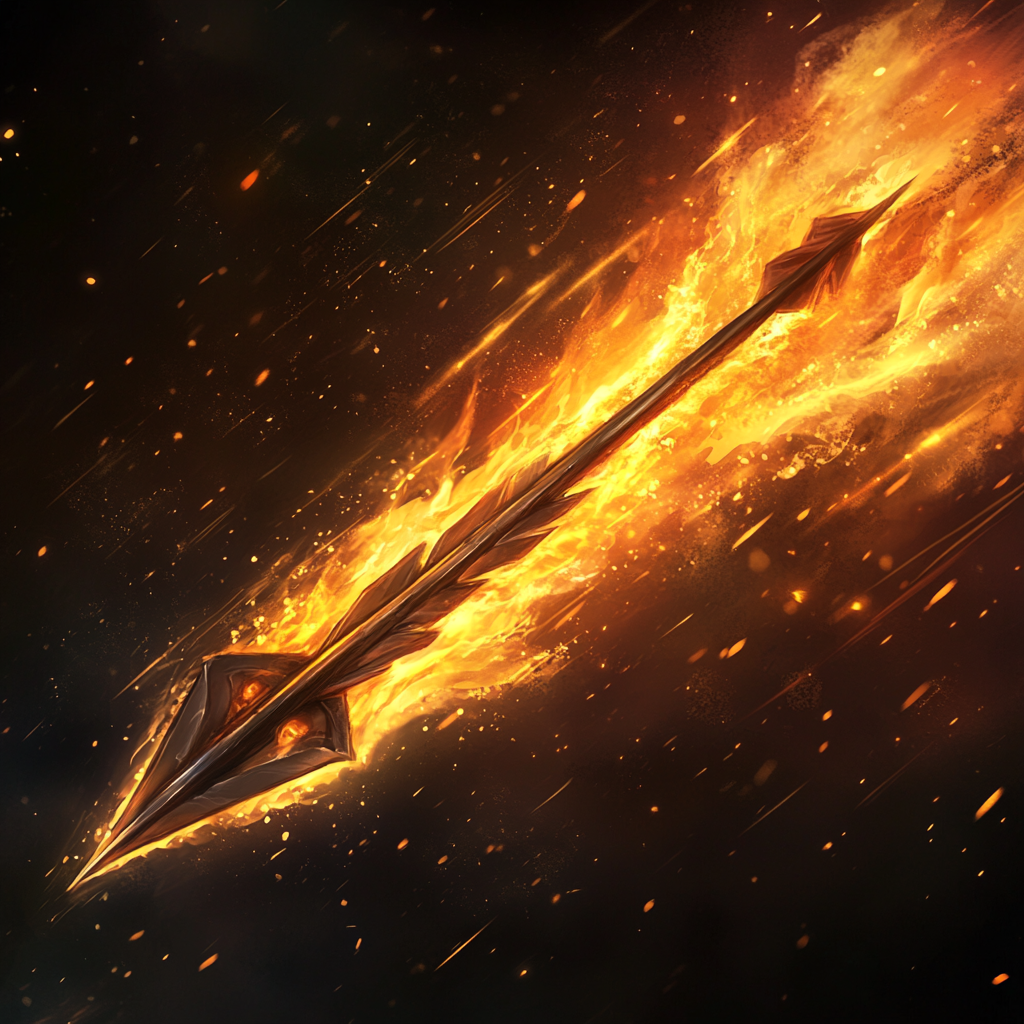 Dynamic flaming arrow shooting upward in the dark sky