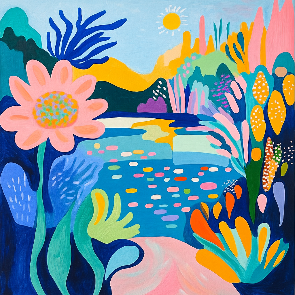 Dynamic lake with colorful flowers inspired by Matisse style.