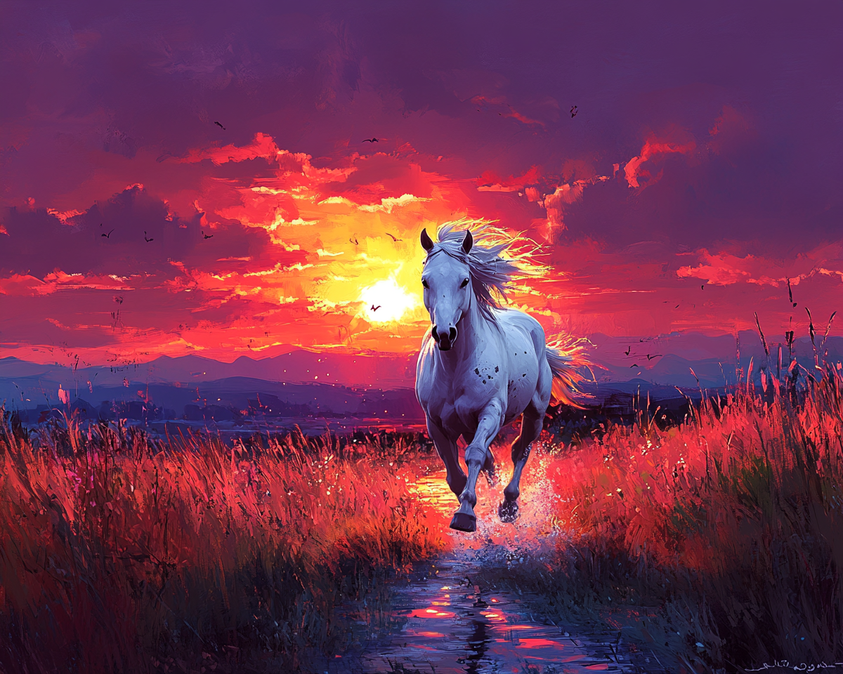 Dynamic painting of white horse in sunset.