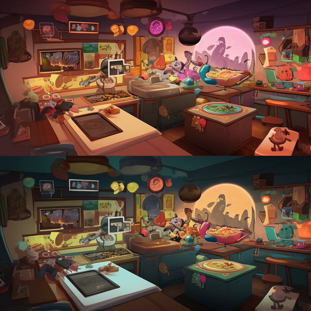 Dynamic scene split in two parts: player cooking.