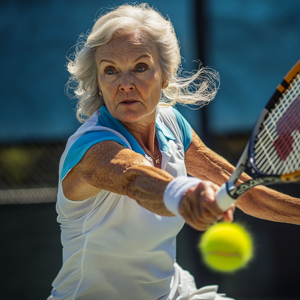 Dynamic shot of determined Christie Brinkley lookalike playing tennis.