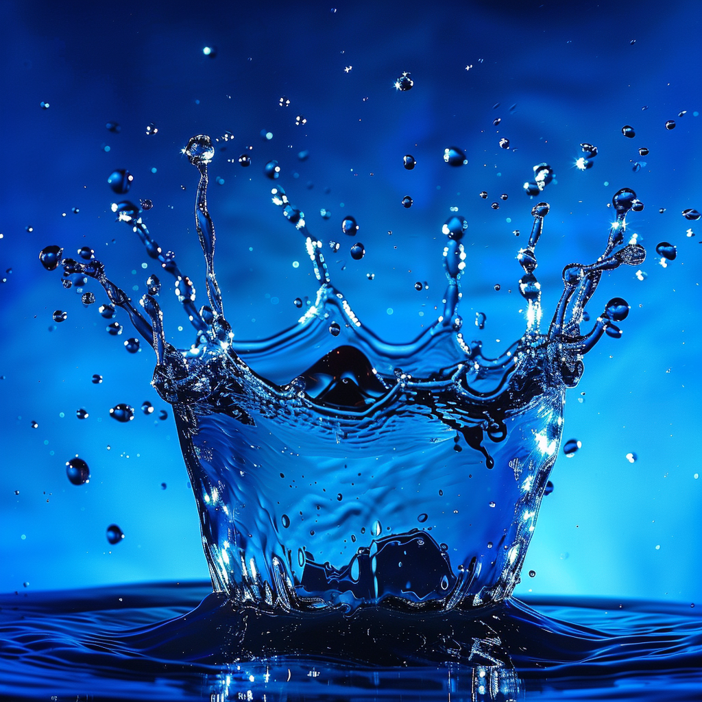 Dynamic splash of water with detailed droplets, vivid background.