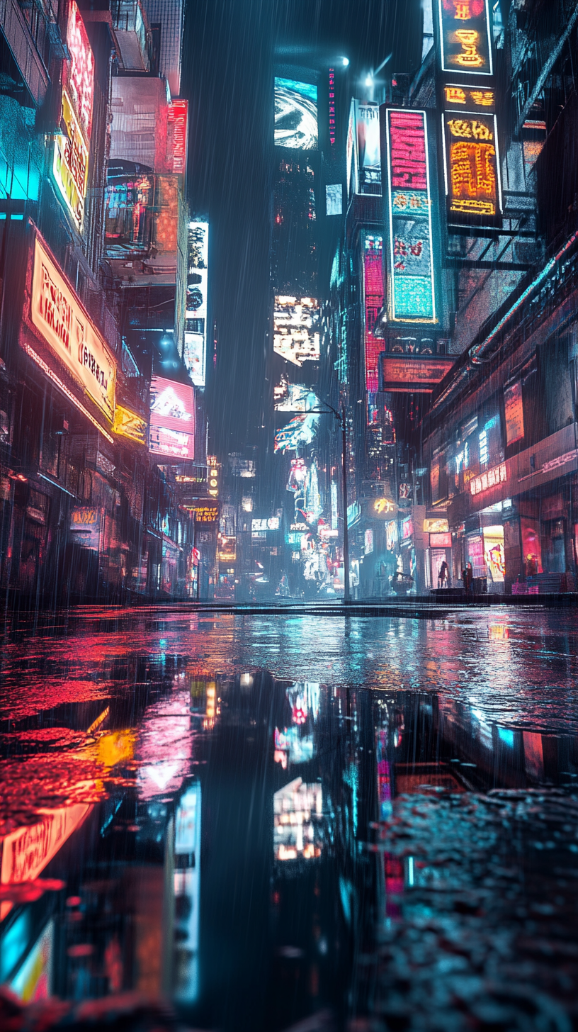 Dystopian, futuristic city, neon signs, rain, puddles.