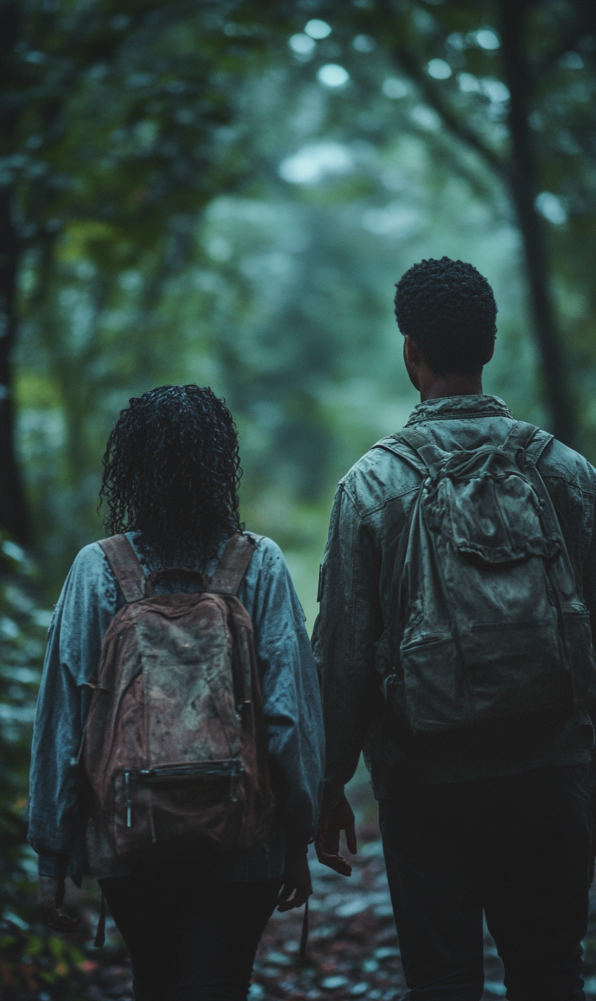 Dystopian Future Couple Walking in Forest, Cinematic Shot 