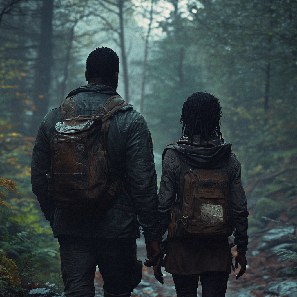 Dystopian Future: Black Couple Walking Forest, No Electronics