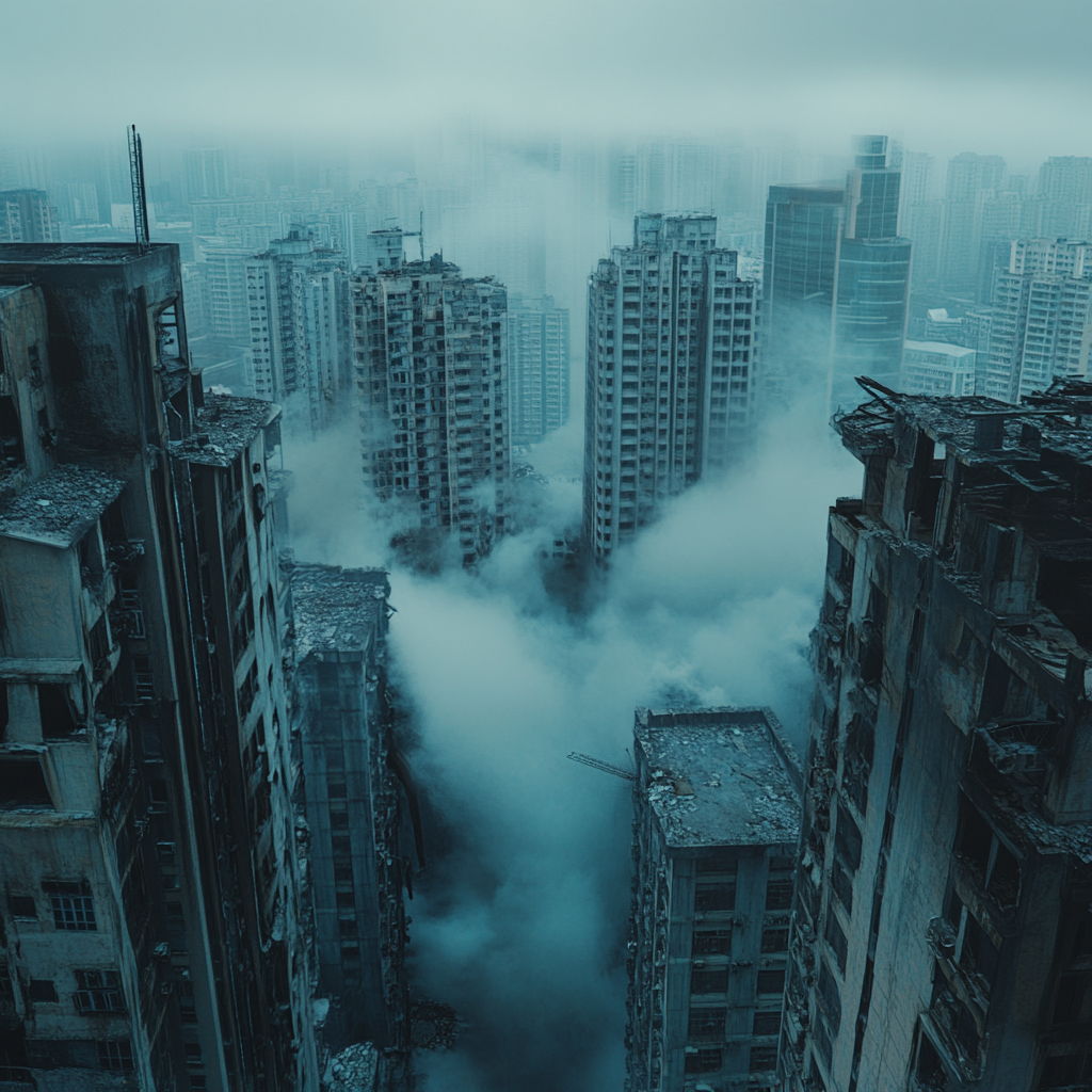 Dystopian city with damaged buildings and smoke clouds.