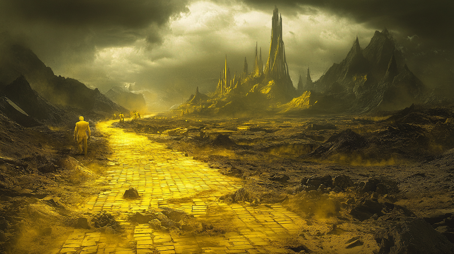 Dystopian landscape with yellow deserts and rocky mountains.