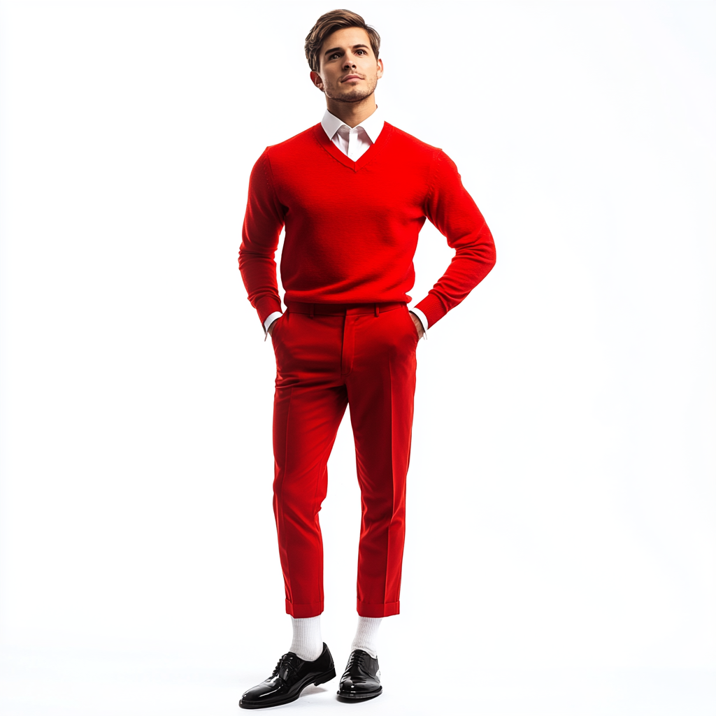 Eager man in red outfit, professional, intrigued pose.