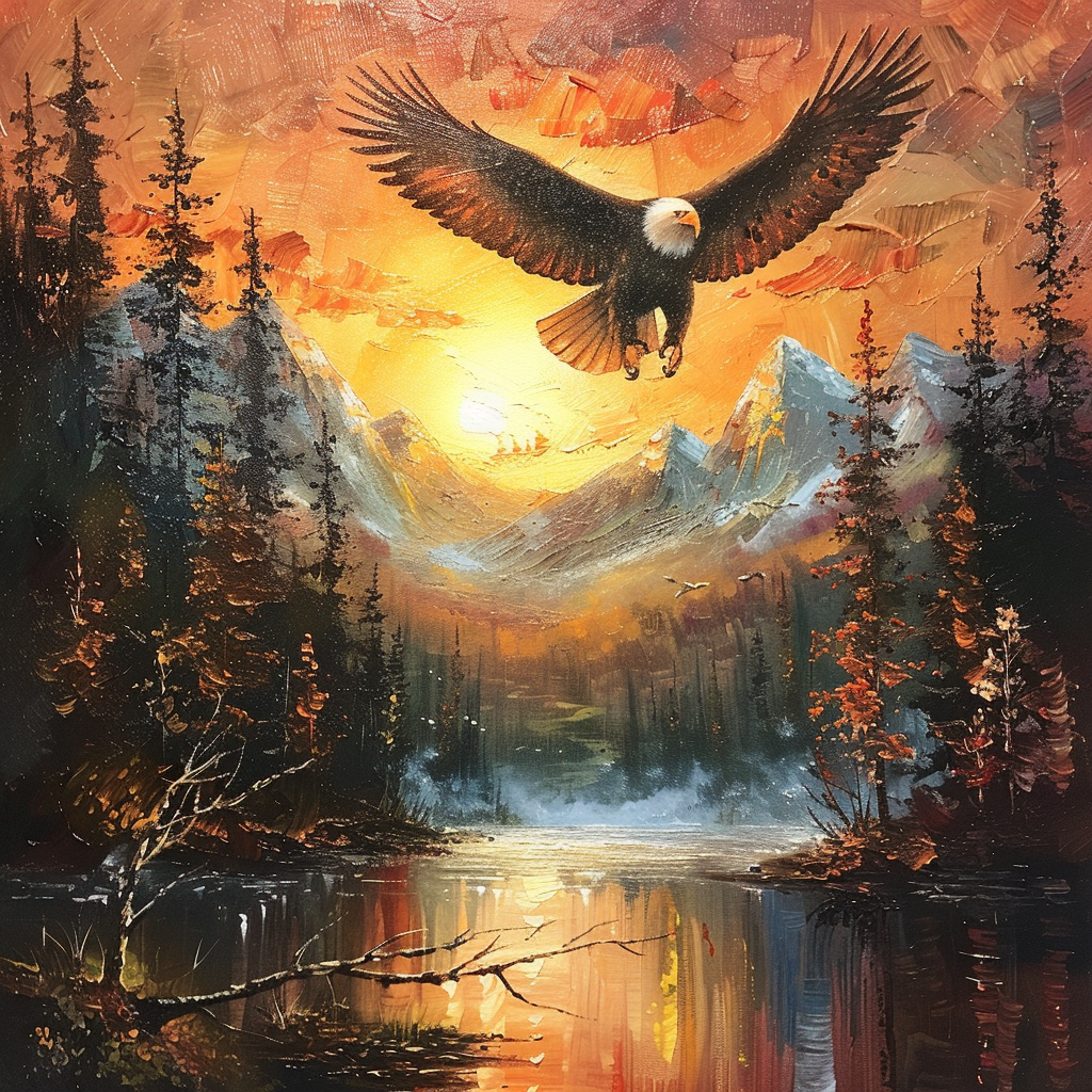 Eagle flying over mountains at sunset, trees, river misty