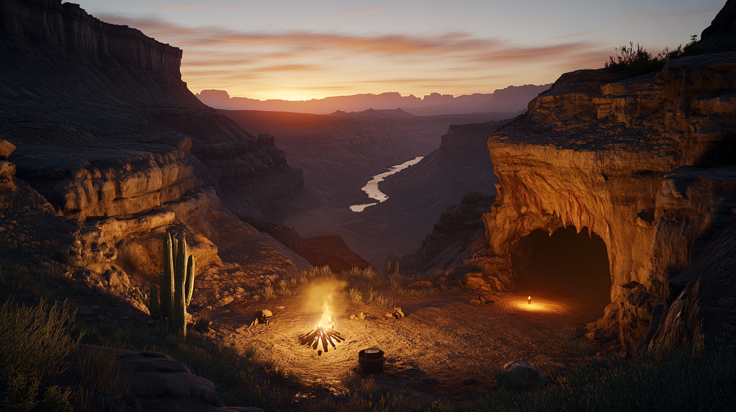 Early 19th century desert canyon mine photograph at dawn