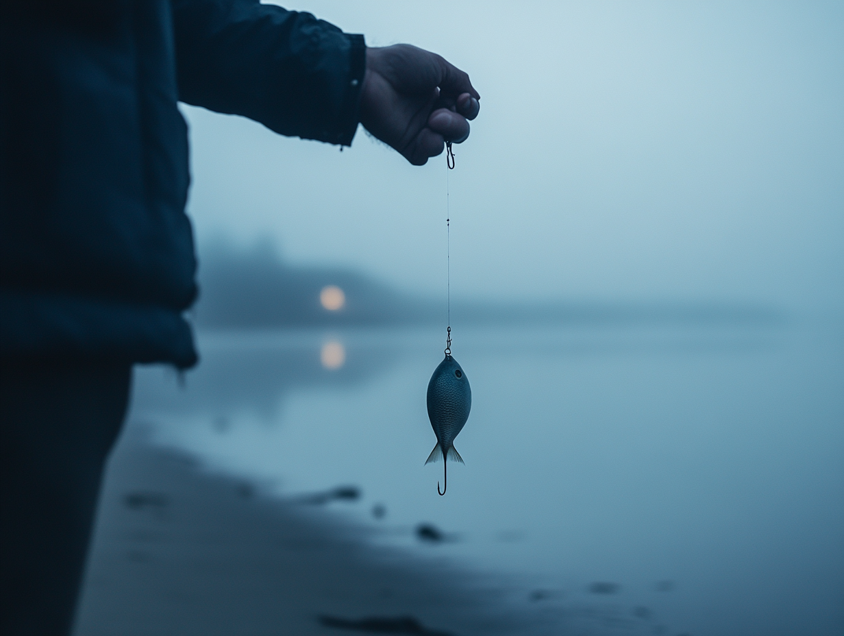 Early morning beach scene with man and blowfish