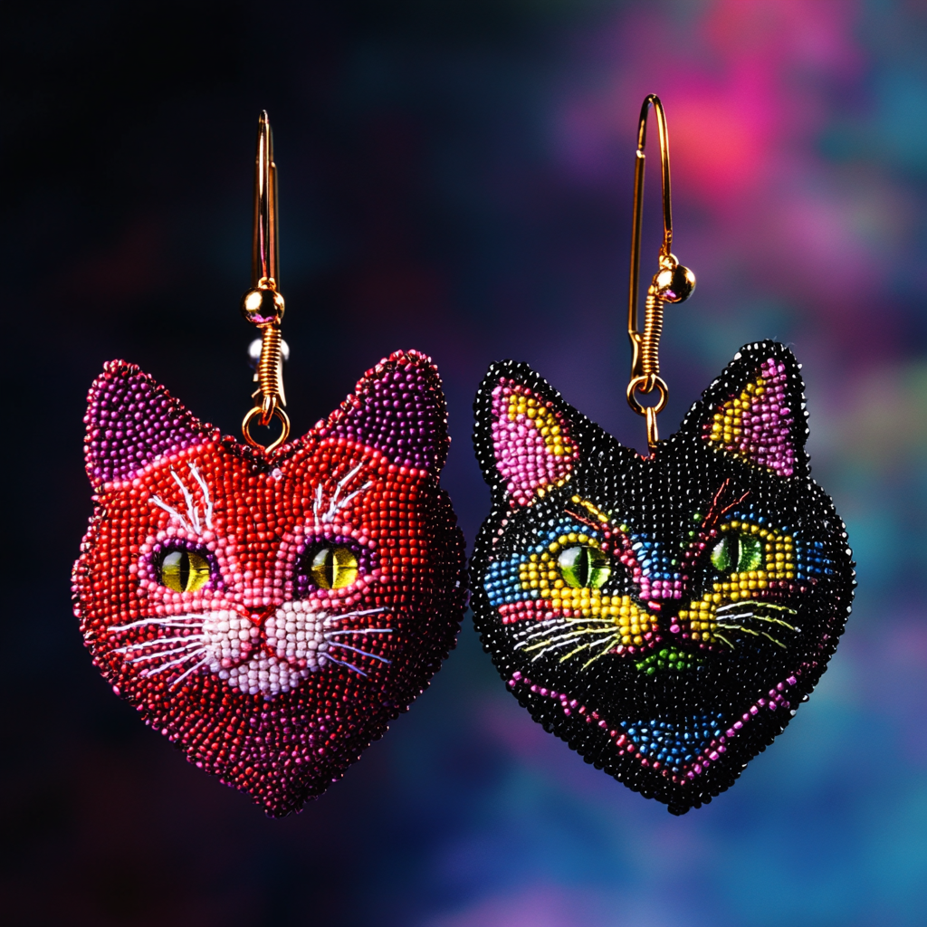 Earrings with heart and cat design in Dada style.