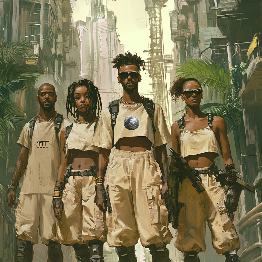 Earth symbol urban tribe in cyberpunk world, beige outfits.