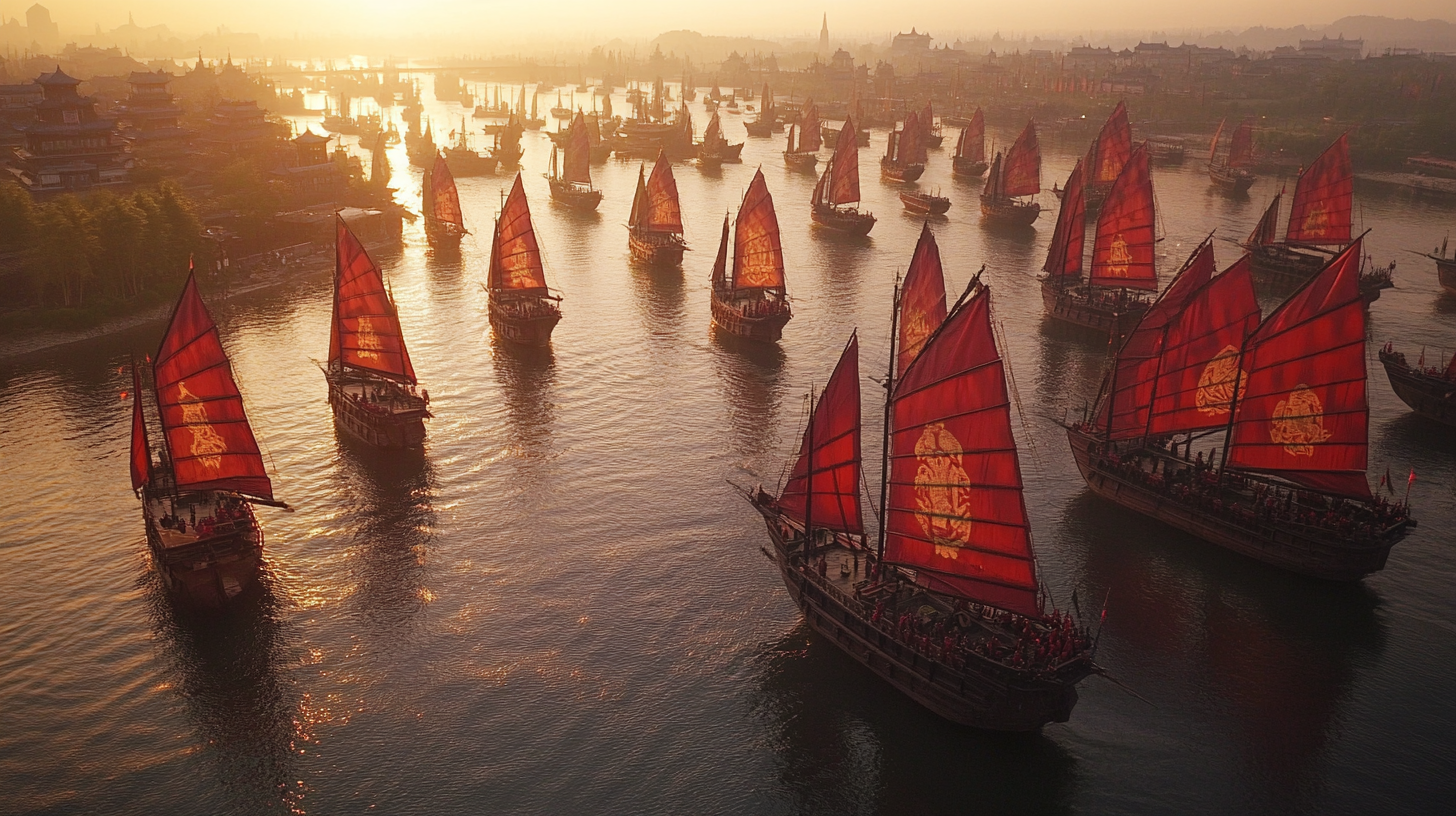 Eastern Wu warships on river with red sails, soldiers uniformed.