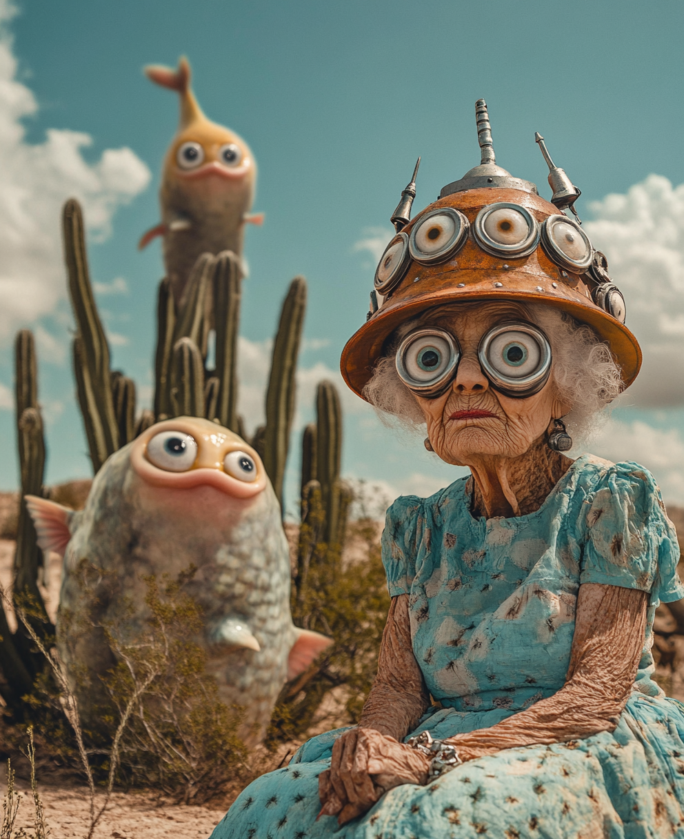 Eccentric grandmother in whimsical desert setting, surreal style photography.