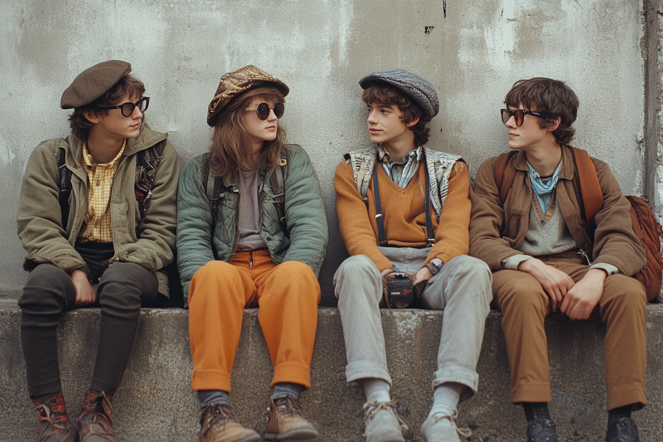 Eccentric teens on wall, industrial backdrop, color film.