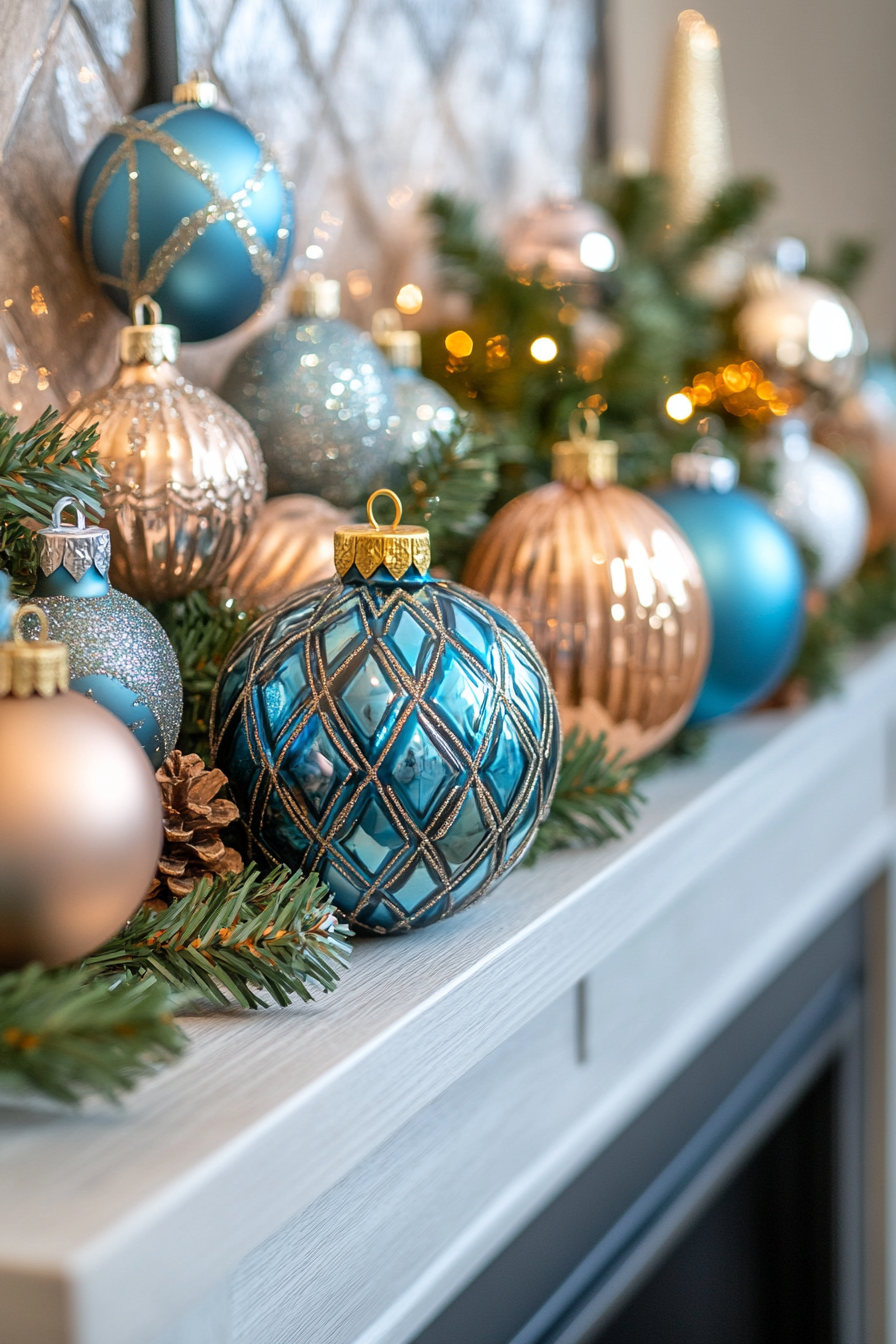 Eclectic Ornaments Mix on Festive Fireplace Mantle