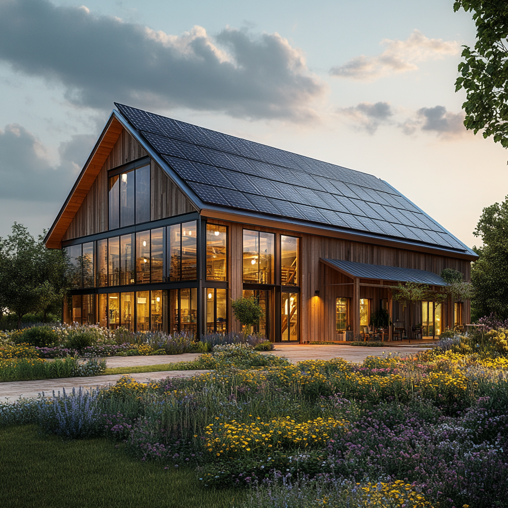 Eco-friendly barndominium with solar panels and efficient windows.